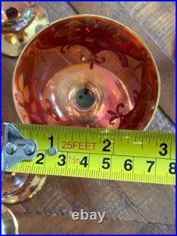 Vintage Bohemian Czech Cranberry Glass Decanter Set Gold Gilt & Enamel Floral