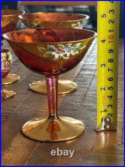 Vintage Bohemian Czech Cranberry Glass Decanter Set Gold Gilt & Enamel Floral