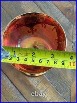 Vintage Bohemian Czech Cranberry Glass Decanter Set Gold Gilt & Enamel Floral