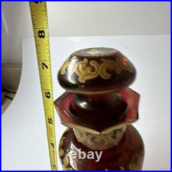 Vintage Bohemian Czech Cranberry Glass Vase Gilded Hand Painted Flowers