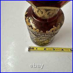 Vintage Bohemian Czech Cranberry Glass Vase Gilded Hand Painted Flowers