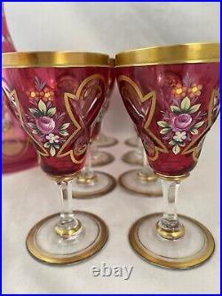 Vintage Bohemian Czech Cranberry Gold Guilt Glass Decanter set with glasses