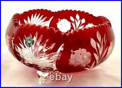 Vintage Bohemian Czech Crystal Bowl Vase Cut To Clear Red