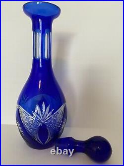 Vintage Bohemian Czech Crystal Etched Cobalt Blue Decanter And Five Wine Glasses