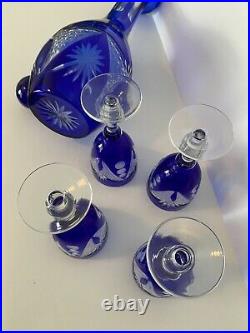 Vintage Bohemian Czech Crystal Etched Cobalt Blue Decanter And Five Wine Glasses