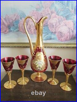 Vintage Bohemian Czech Enamel Glass Ruby Pitcher And Four Glasses Flowers