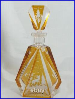 Vintage Bohemian Czech F Art Deco Cut to Clear Deer Glass Decanter 10.5