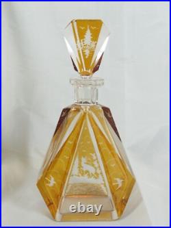 Vintage Bohemian Czech F Art Deco Cut to Clear Deer Glass Decanter 10.5