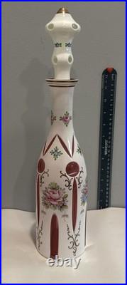 Vintage Bohemian Czech Glass Decanter Milk Glass To Cranberry Glass Hand Painted