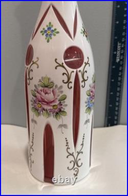 Vintage Bohemian Czech Glass Decanter Milk Glass To Cranberry Glass Hand Painted