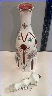 Vintage Bohemian Czech Glass Decanter Milk Glass To Cranberry Glass Hand Painted