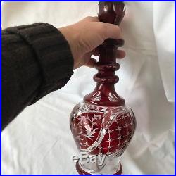 Vintage Bohemian Czech Glass Ruby Red Cut to Clear Decanter