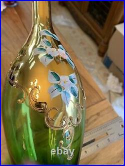 Vintage Bohemian Czech Green Glass Decanter Cordial 3 Glasses Flowers Free Ship