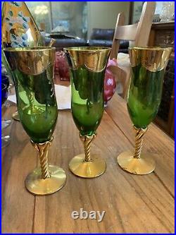 Vintage Bohemian Czech Green Glass Decanter Cordial 3 Glasses Flowers Free Ship