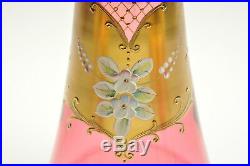 Vintage Bohemian Czech Pink Glass Decanter and 6 Glasses Enamel Gold Antique Set