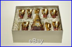Vintage Bohemian Czech Pink Glass Decanter and 6 Glasses Enamel Gold Antique Set