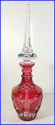 Vintage Bohemian Czech Ruby Cut To Clear Crystal Decanter W Tall Stopper 17 EXC
