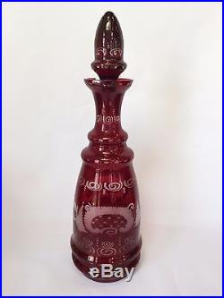 Vintage Bohemian Czech Ruby Cut to Clear Decanter Set with Five Glasses Deer