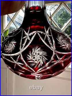 Vintage Bohemian Czech Ruby Red Cut to Clear Flat-Bottom Ships Liquor Decanter