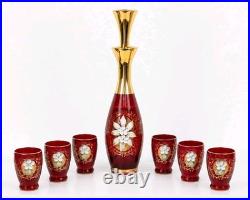 Vintage Bohemian Czech Ruby Red Glass Decanter w 6 Cordial Shot Glass Set Murano