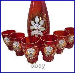 Vintage Bohemian Czech Ruby Red Glass Decanter w 6 Cordial Shot Glass Set Murano