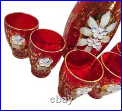 Vintage Bohemian Czech Ruby Red Glass Decanter w 6 Cordial Shot Glass Set Murano