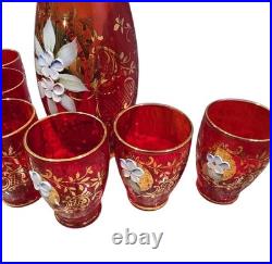 Vintage Bohemian Czech Ruby Red Glass Decanter w 6 Cordial Shot Glass Set Murano
