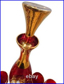 Vintage Bohemian Czech Ruby Red Glass Decanter w 6 Cordial Shot Glass Set Murano