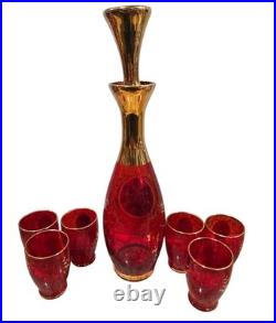 Vintage Bohemian Czech Ruby Red Glass Decanter w 6 Cordial Shot Glass Set Murano
