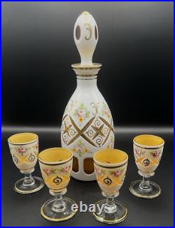 Vintage Bohemian Decanter & 4 Glasses Moser Czech Cased Glass Cut to Amber Roses