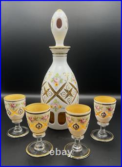 Vintage Bohemian Decanter & 4 Glasses Moser Czech Cased Glass Cut to Amber Roses