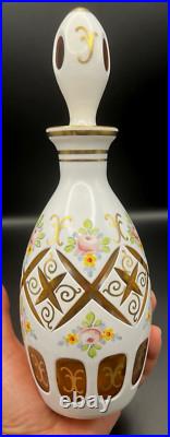 Vintage Bohemian Decanter & 4 Glasses Moser Czech Cased Glass Cut to Amber Roses