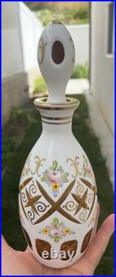 Vintage Bohemian Decanter & 4 Glasses Moser Czech Cased Glass Cut to Amber Roses