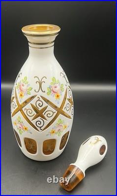 Vintage Bohemian Decanter & 4 Glasses Moser Czech Cased Glass Cut to Amber Roses