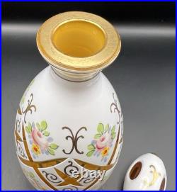 Vintage Bohemian Decanter & 4 Glasses Moser Czech Cased Glass Cut to Amber Roses