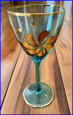 Vintage Bohemian Decanter & 6 Goblets Aqua Blue Glass Gold Floral Details
