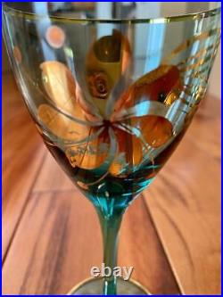 Vintage Bohemian Decanter & 6 Goblets Aqua Blue Glass Gold Floral Details