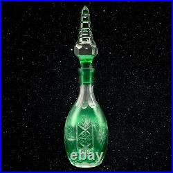 Vintage Bohemian Emerald Green Cut to Clear Crystal Tall Decanter 15T 3.25W