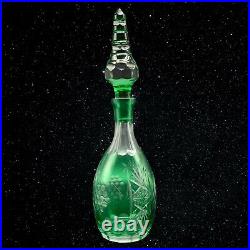 Vintage Bohemian Emerald Green Cut to Clear Crystal Tall Decanter 15T 3.25W Vintage Bohemian Emerald Green Cut to Clear Crystal Tall Decanter 15T 3.25W