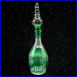 Vintage Bohemian Emerald Green Cut to Clear Crystal Tall Decanter 15T 3.25W