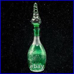 Vintage Bohemian Emerald Green Cut to Clear Crystal Tall Decanter 15T 3.25W