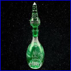 Vintage Bohemian Emerald Green Cut to Clear Crystal Tall Decanter 15T 3.25W