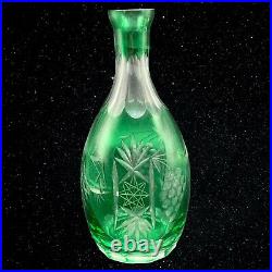 Vintage Bohemian Emerald Green Cut to Clear Crystal Tall Decanter 15T 3.25W