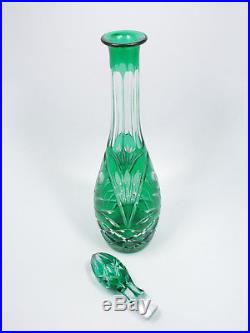 Vintage Bohemian Emerald Green Cut to Clear Crystal Tall Decanter, 16