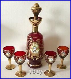 Vintage Bohemian Enamel Floral Ruby Red Gold Wine Cordial Decanter & Glasses Set