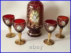 Vintage Bohemian Enamel Floral Ruby Red Gold Wine Cordial Decanter & Glasses Set