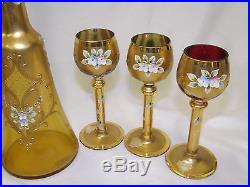 Vintage Bohemian Enameled Hand Painted Wine Set Goblets & Decanter Queen Helene