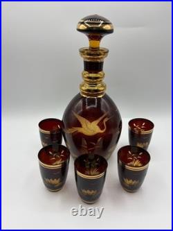 Vintage Bohemian Etched Amber Glass Decanter With 5 Glasses
