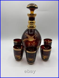 Vintage Bohemian Etched Amber Glass Decanter With 5 Glasses