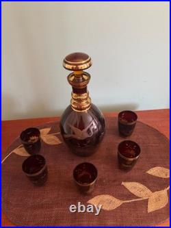 Vintage Bohemian Etched Amber Glass Decanter With 5 Glasses
